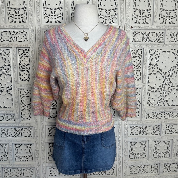 Vtg L'Américaine Pastel Rainbow Chunky Knit V Neck Slouchy Sleeve Sweater Sz S - Picture 1 of 8